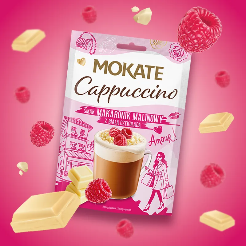 Napój Kawowy Cappuccino MAKARONIKA MALINOWEGO Z BIAŁĄ CZEKOLADĄ 25g MOKATE