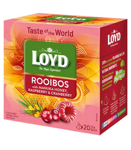 Herbatka Rooibos Loyd Taste of The World z Midem Manuka o smaku Maliny i Żurawiny 20 torebek