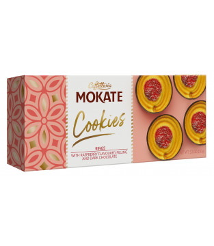 Mokate Cookies rings with raspberry filling and chocolate coating, 150 g