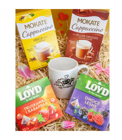 Zestaw Prezentowy Herbata Owocowa Loyd i Cappuccino Mokate z Kubkiem