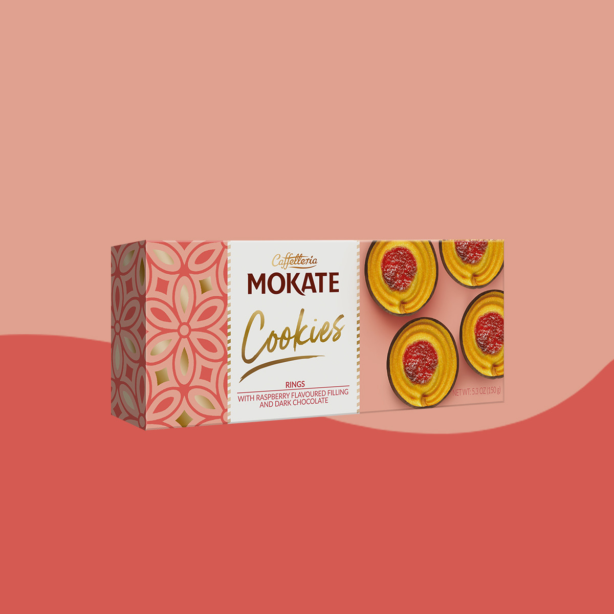 Mokate Cookies ringi z nadzieniem malinowym i z czekoladową polewą 150 g