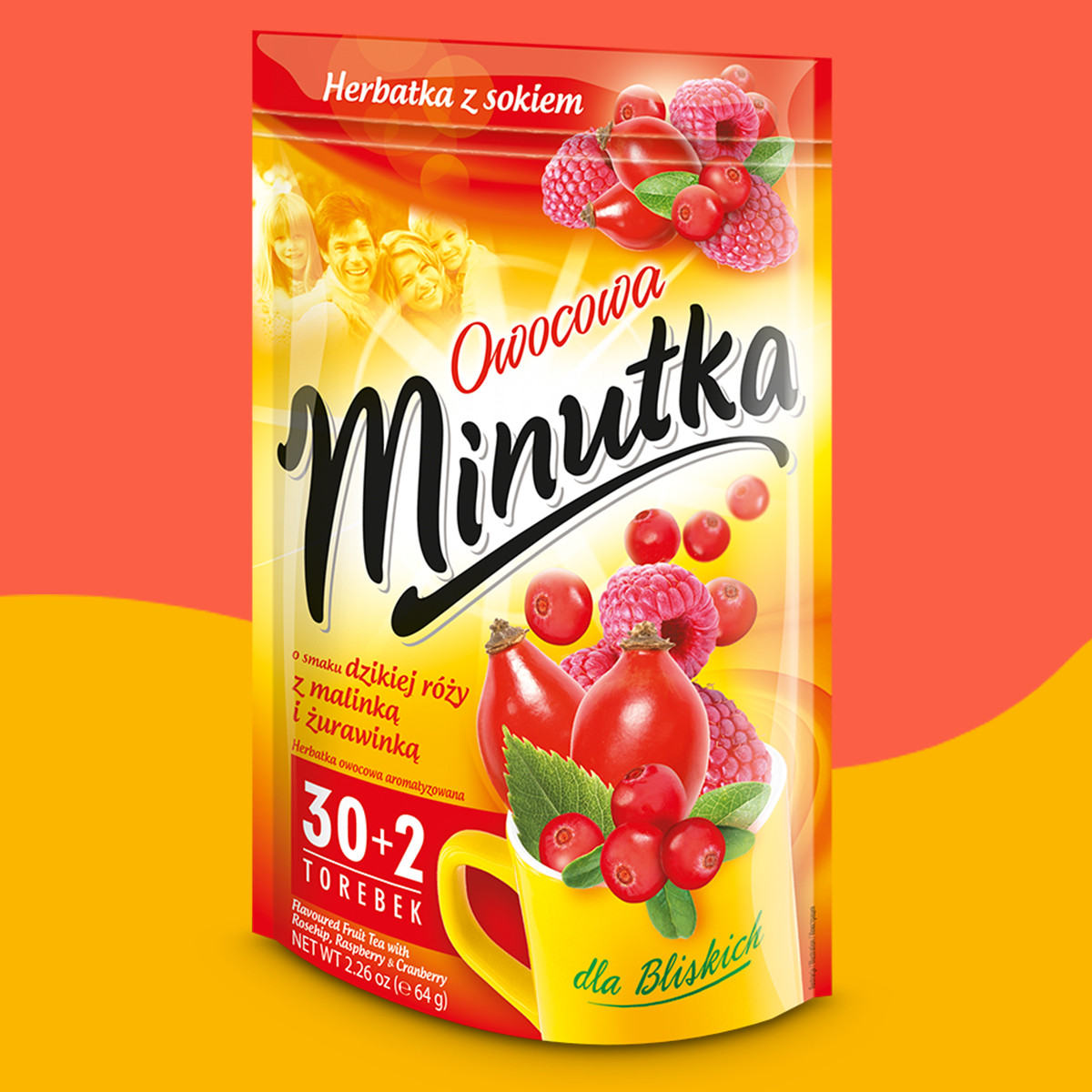 Herbatka owocowa Minutka z dziką różą, malinką i żurawinką 32 torebki