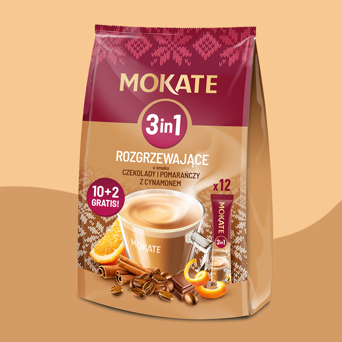 Mokate 3-in-1 Warming Coffee Drink, 10+2 sachets