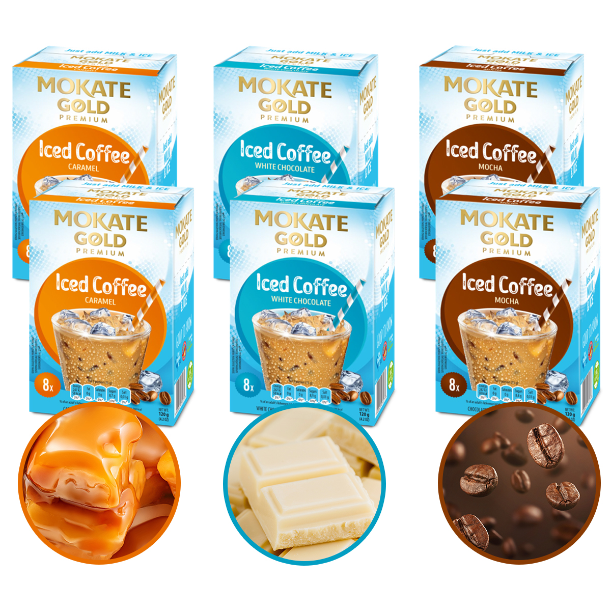 Zestaw Kaw Mrożonych Mokate – 6 sztuk, 3 SMAKI Karmel, Biała Czekolada, Mocha