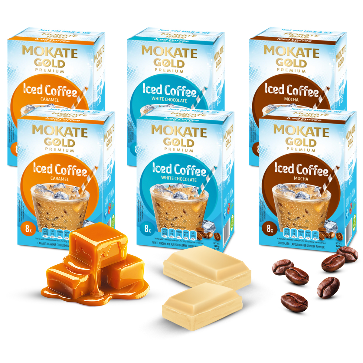 Zestaw Kaw Mrożonych Mokate – 6 sztuk, 3 SMAKI Karmel, Biała Czekolada, Mocha