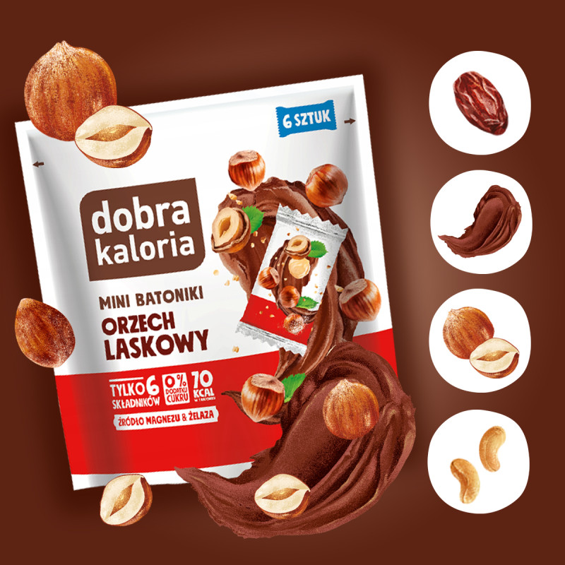 Dobra Kaloria Mini Batoniki o smaku Orzech Laskowy bez Cukru 102g